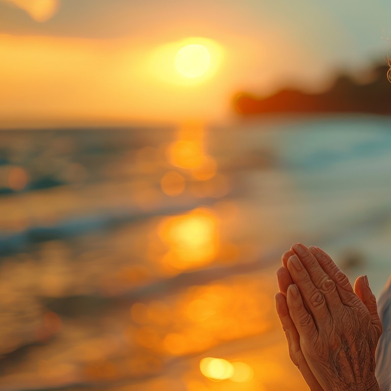 At sunset, a happy elderly woman is smiling and praying on the beach, surrounded by the beautiful landscape and sunlight in a moment of peace and tranquility