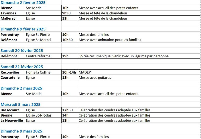 Horaire des messes et célébrations