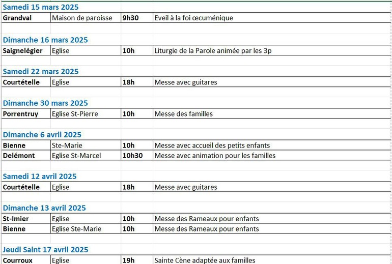 Horaire des messes et célébrations