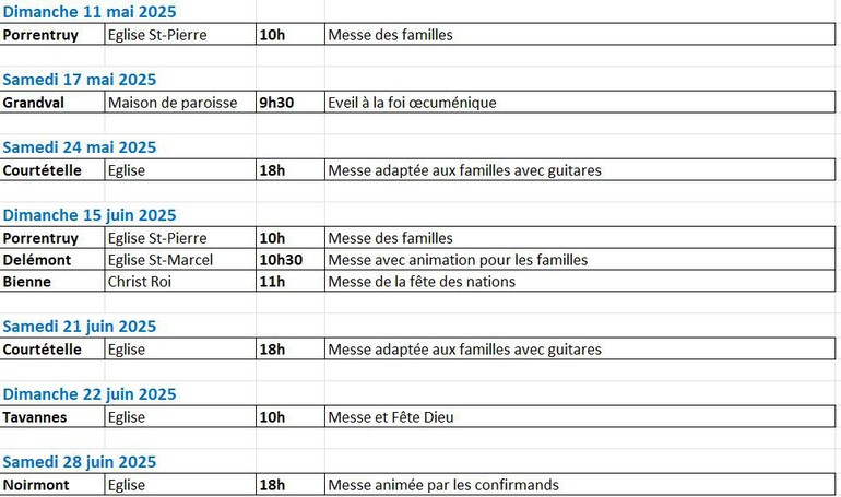 Horaire des messes et célébrations