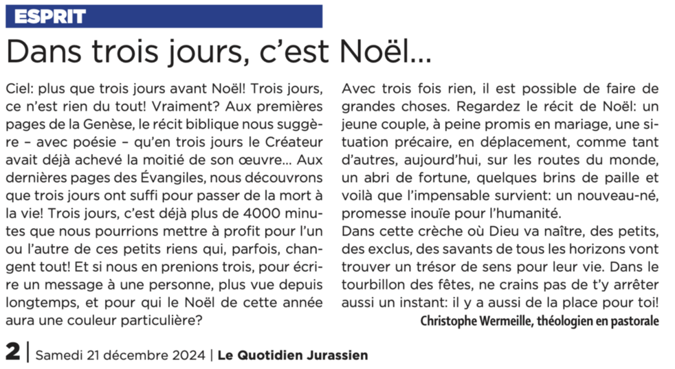 Le billet de Christophe Wermeille, LQJ 21.12.2024